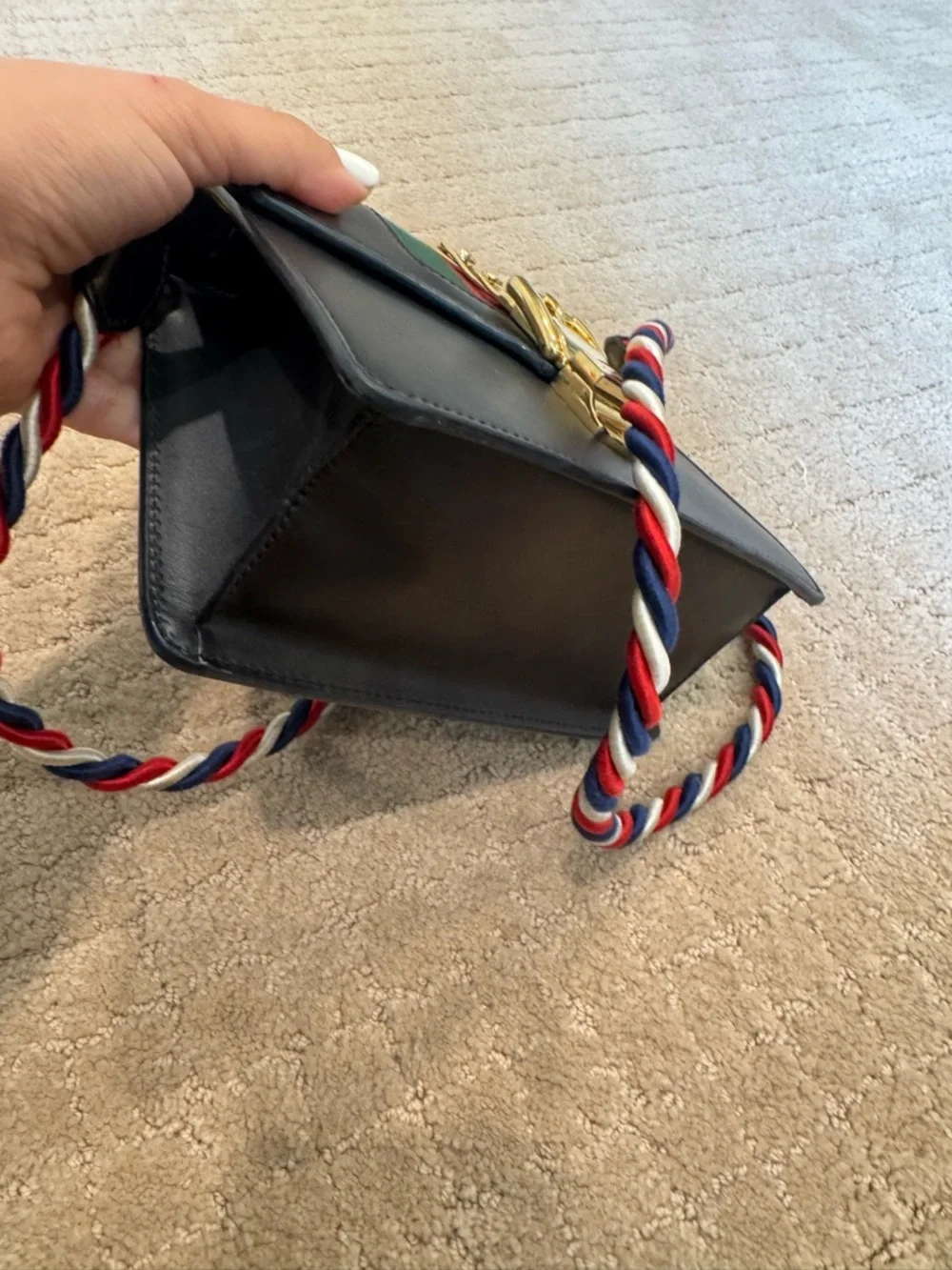 Gucci Black Leather Mini Top-Handle Bag with Green & Red Stripe - Picture 7 of 13